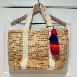 J. Crew Raffia Straw Structured Tote with Colorful Tassel